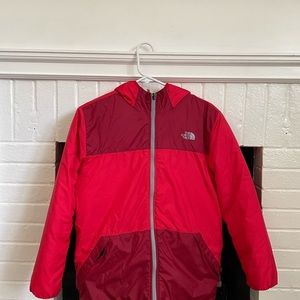 Boys L 14/16 North Face reversible coat red maroon fleece good used condition